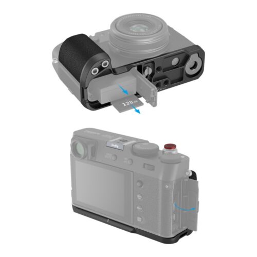 SmallRig 4556 käepidemega Fujifilm X100VI: aku ja 128 GB mälukaardi vahetus ning külgpesade luuk avatav ilma käepidet eemaldamata