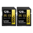 Kaks Lexar Professional 1800x 128GB SDXC UHS-II mälukaarti, lugemiskiirus 280 MB/s ja kirjutuskiirus 210 MB/s, V60 U3
