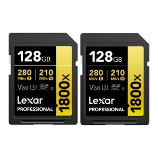Kaks Lexar Professional 1800x 128GB SDXC UHS-II mälukaarti, lugemiskiirus 280 MB/s ja kirjutuskiirus 210 MB/s, V60 U3