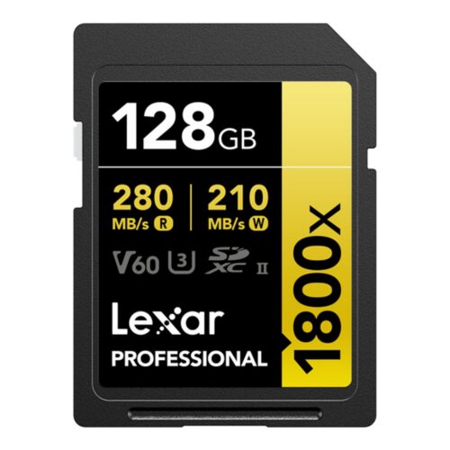 Lexar Professional 1800x 128GB SDXC UHS-II mälukaardi esikülg: 280 MB/s R, 210 MB/s W, V60, U3, SDXC II