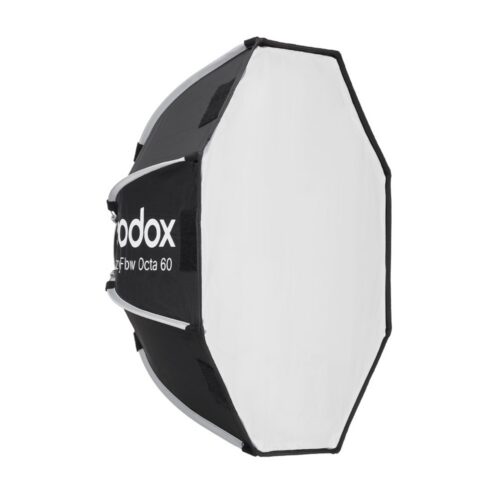 Godox EazyFlow Octa 60 kaheksanurkne softbox avatuna, välimine valge hajuti ees, vaade nurga alt