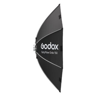 Godox EazyFlow Octa 150 kaheksanurkne softbox külgvaates, Bowens kinnitusrõngas ja EazyFlow Octa 150 logo