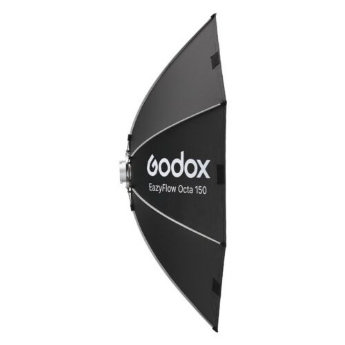 Godox EazyFlow Octa 150 kaheksanurkne softbox külgvaates, Bowens kinnitusrõngas ja EazyFlow Octa 150 logo