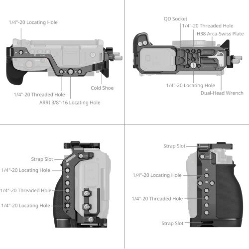 Nikon ZR kaamerapuuri kinnituskohad: 1/4"-20 keermeavad, ARRI 3/8"-16 avad, cold shoe, QD-pesa ja Arca-Swiss plaat
