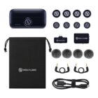 Hollyland Lark M3 Combo komplekti sisu: laadimiskarp, 4 saatjat, 4 magnetit, USB-C vastuvõtja, kaamera vastuvõtja, 4 karvast tuulekaitset, 2 TRS kaablit, USB-C kaabel ja kott