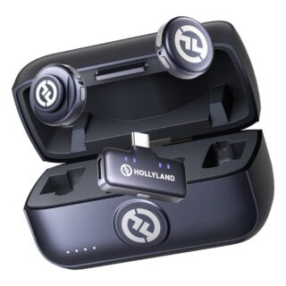 Hollyland Lark M3 Combo avatud laadimiskarp kahe ümmarguse saatja ja USB-C vastuvõtjaga