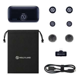 Hollyland Lark M3 Combo 2TX 1RX komplekti sisu: laadimiskarp, 2 saatjat, 2 magnetit, 2 karvast tuulekaitset, USB-C vastuvõtja, USB-C kaabel ja kott