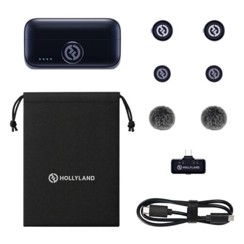 Hollyland Lark M3 Combo 2TX 1RX komplekti sisu: laadimiskarp, 2 saatjat, 2 magnetit, 2 karvast tuulekaitset, USB-C vastuvõtja, USB-C kaabel ja kott