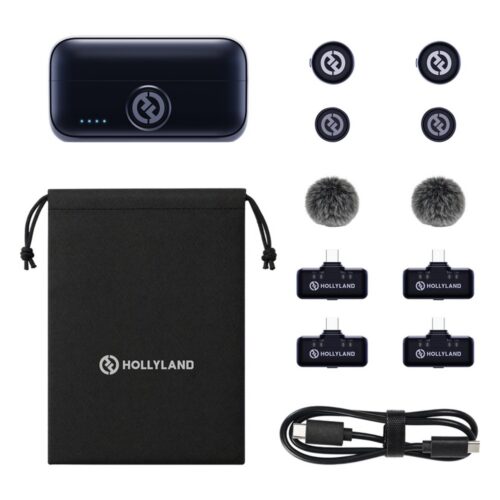 Hollyland Lark M3 Combo 2TX 4RX komplekti sisu: laadimiskarp, 2 saatjat, 2 magnetit, 2 karvast tuulekaitset, 4 USB-C vastuvõtjat, USB-C kaabel ja kott