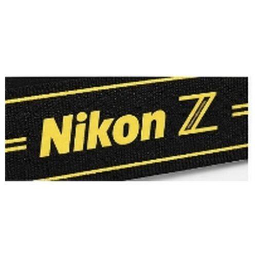 Nikon AN-DC26 kaamerarihma lähivaade kollase Nikon Z kirjaga