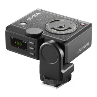 Godox Lux Junior II retro välklamp nurga alt: tagaküljel ekraan TTL +3.0, juhtnupud ja kiri LUX JUNIOR II