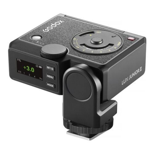 Godox Lux Junior II retro välklamp nurga alt: tagaküljel ekraan TTL +3.0, juhtnupud ja kiri LUX JUNIOR II