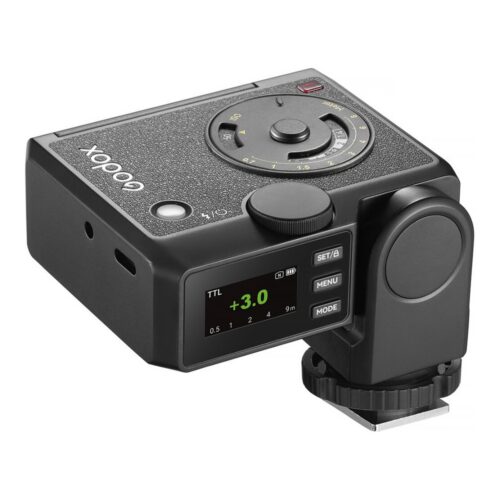 Godox Lux Junior II ülalt nurga alt: värviekraan TTL +3.0 ning SET, MENU ja MODE nupud