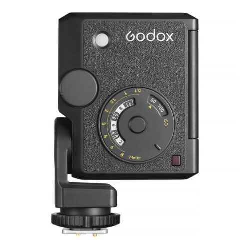 Godox Lux Junior II eestvaade: Godox logo, mõõdiku ketas ISO ja ava skaalaga