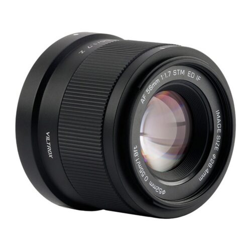 Viltrox AF 56mm F/1.7 Nikon Z objektiiv nurga alt, esiläätsel tähistus AF 56mm 1:1.7 STM ED IF