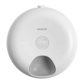 Rojeco 6 toidukorraga automaatne lemmiklooma söödur pealtvaates: ümar valge korpus, LED-ekraaniga juhtpaneel ja toidukauss