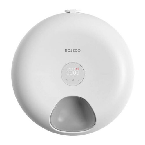Rojeco 6 toidukorraga automaatne lemmiklooma söödur pealtvaates: ümar valge korpus, LED-ekraaniga juhtpaneel ja toidukauss
