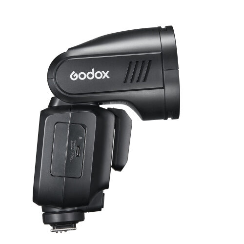Godox V100 Sony välk külgvaates USB-C pesa ja akuluugiga