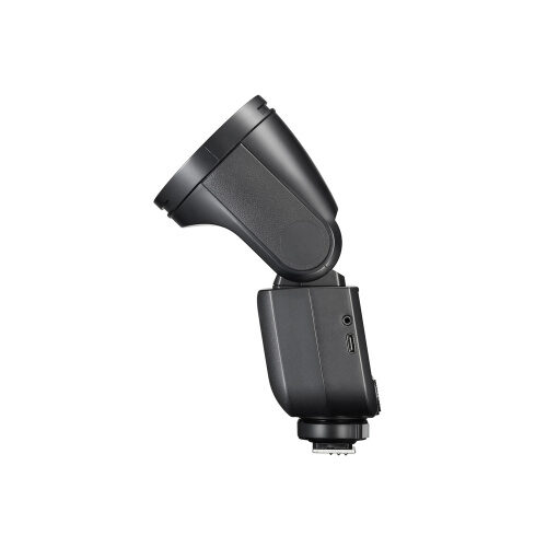 Godox V1 Mid Fujifilm külgvaates, USB-C pesa ja sünkroonpesa