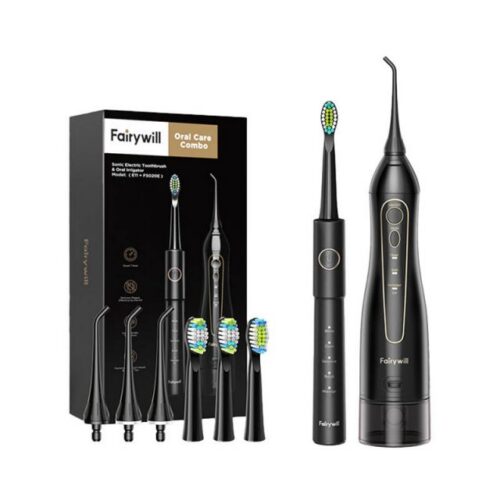 Sonic toothbrush with tip set and water fosser FairyWill FW-5020E and FW-E11 Black